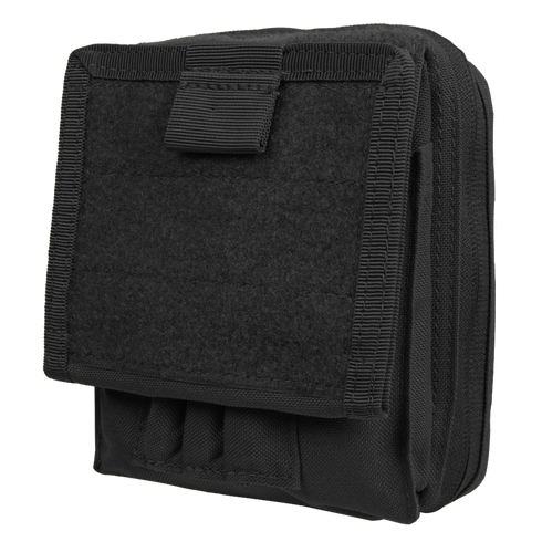 The Condor Map Pouch is a black tactical pouch with a Velcro front flap, stitched edges, and zippered compartments—ideal for EDC or carrying small accessories to the shooting range.