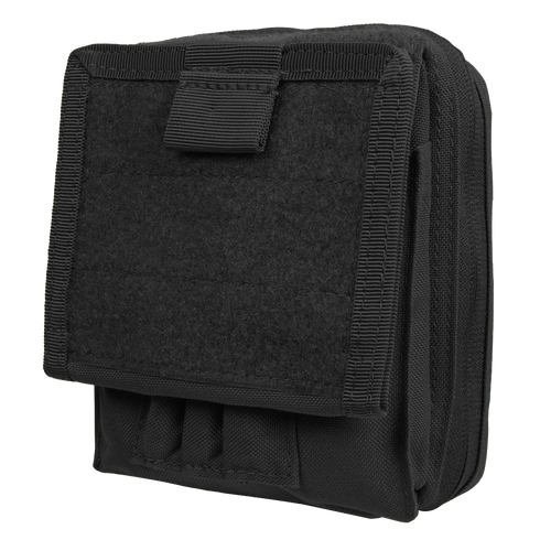 The Condor Map Pouch is a black tactical pouch with a Velcro front flap, stitched edges, and zippered compartments—ideal for EDC or carrying small accessories to the shooting range.
