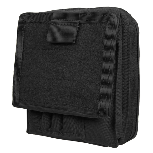 The Condor Map Pouch is a black tactical pouch with a Velcro front flap, stitched edges, and zippered compartments—ideal for EDC or carrying small accessories to the shooting range.