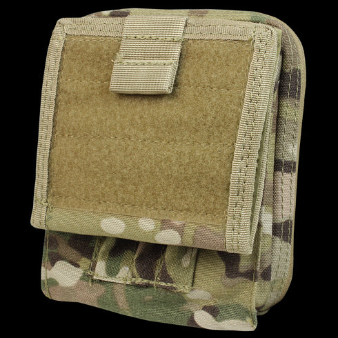 The Condor Map Pouch - MultiCam features a camouflage design, tan Velcro flap, and reinforced stitching, ideal for outdoor or military use.