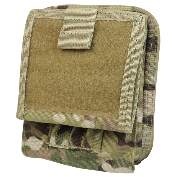 The Condor Map Pouch - MultiCam features a camouflage design, tan Velcro flap, and reinforced stitching, ideal for outdoor or military use.