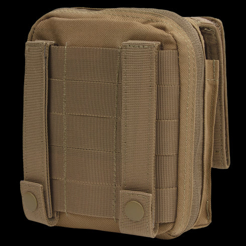 The Condor Map Pouch is a tan tactical pouch with MOLLE straps and snap buttons for attachment to gear or backpacks, featuring a zippered main compartment—ideal for First Responders or bushcraft enthusiasts.