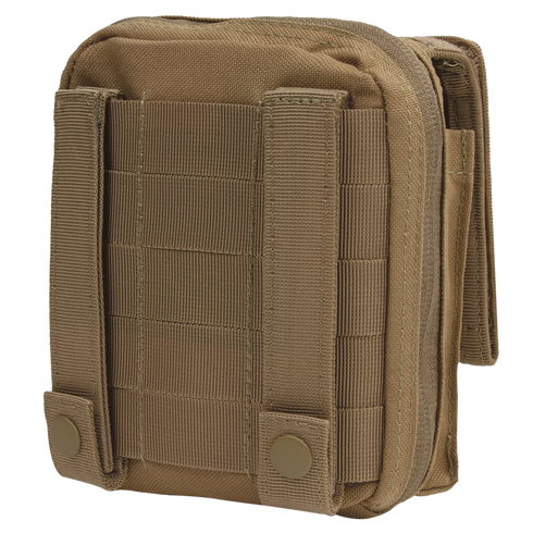 The Condor Map Pouch is a tan tactical pouch with MOLLE straps and snap buttons for attachment to gear or backpacks, featuring a zippered main compartment—ideal for First Responders or bushcraft enthusiasts.