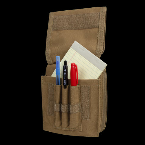The Condor Map Pouch, tan in color, is designed for EDC or military use and features an open flap displaying three pens and a small yellow notepad neatly organized inside.