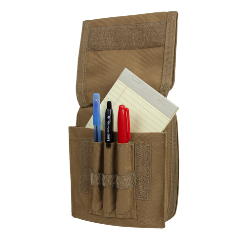The Condor Map Pouch, tan in color, is designed for EDC or military use and features an open flap displaying three pens and a small yellow notepad neatly organized inside.