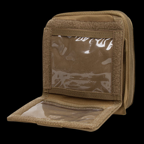 The Condor Map Pouch is a tan zippered nylon wallet with two transparent ID card slots, designed for law enforcement or military use, shown open and empty.