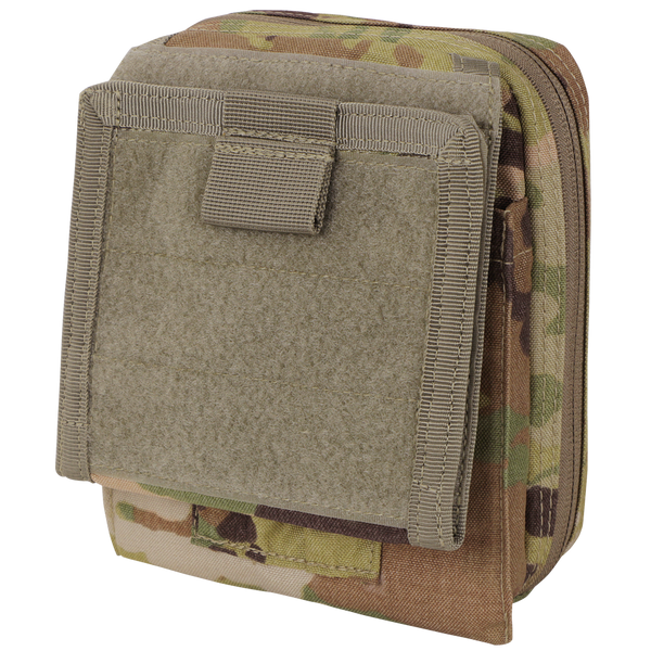 The Condor Map Pouch in Scorpion OCP is a compact tactical pouch featuring a zippered main compartment and a front velcro flap, designed with a camouflage Scorpion OCP pattern.