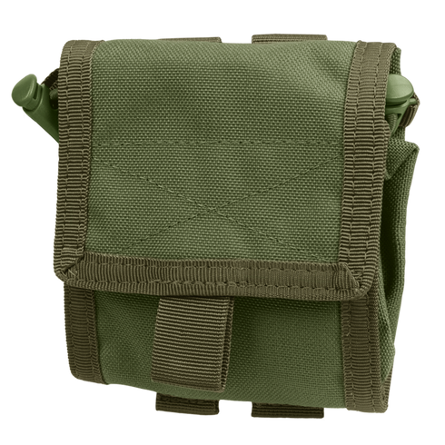 The Condor Roll-Up Utility Pouch in Olive Drab, featuring a flap closure and strap, is made of durable fabric and shown against a white background.