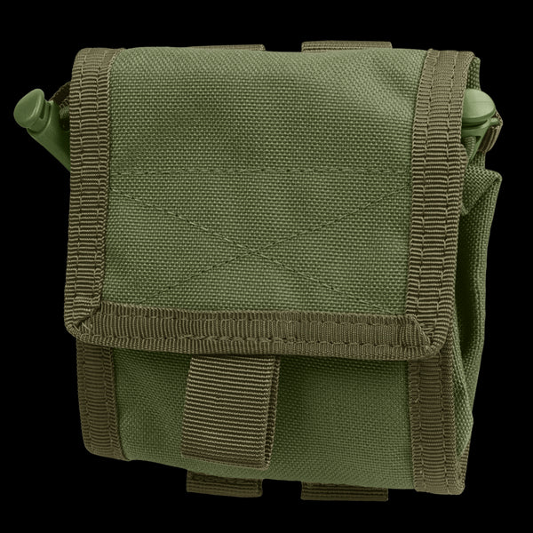 The Condor Roll-Up Utility Pouch in Olive Drab, featuring a flap closure and strap, is made of durable fabric and shown against a white background.