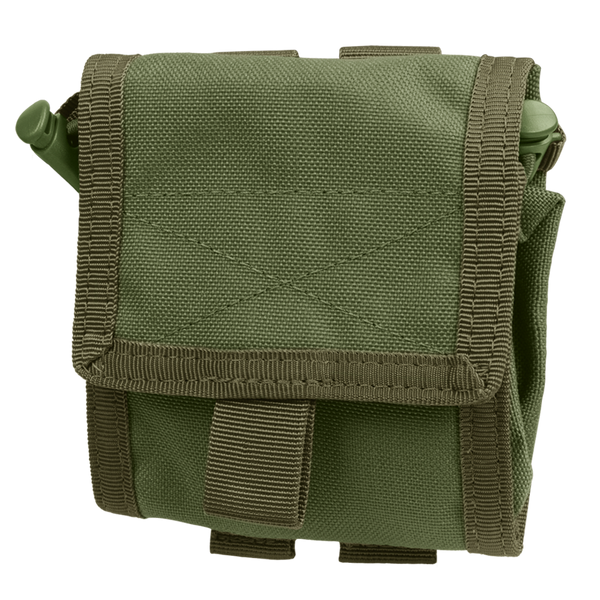 The Condor Roll-Up Utility Pouch in Olive Drab, featuring a flap closure and strap, is made of durable fabric and shown against a white background.