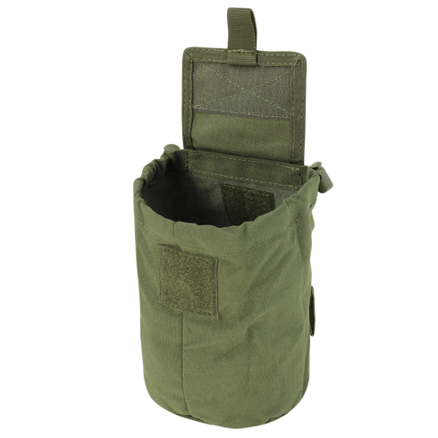 The Condor Roll-Up Utility Pouch in MultiCam fabric features a hook-and-loop flap lid, shown open with an empty interior and a pull tab on top.