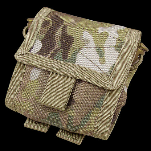 The Condor Roll-Up Utility Pouch in MultiCam features a compact design with flap and buckle closure, reinforced stitching, and attachment loops for tactical use.