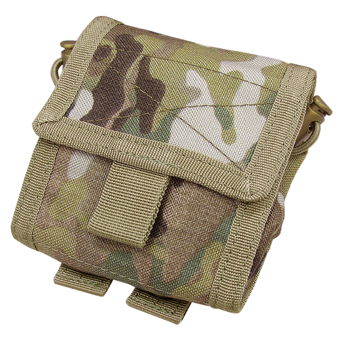The Condor Roll-Up Utility Pouch in MultiCam features a compact design with flap and buckle closure, reinforced stitching, and attachment loops for tactical use.