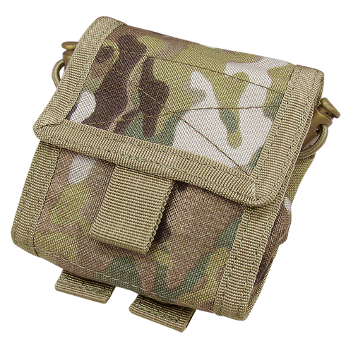 The Condor Roll-Up Utility Pouch in MultiCam features a compact design with flap and buckle closure, reinforced stitching, and attachment loops for tactical use.
