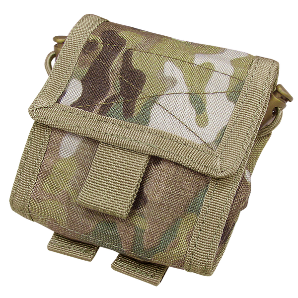 The Condor Roll-Up Utility Pouch in MultiCam features a compact design with flap and buckle closure, reinforced stitching, and attachment loops for tactical use.