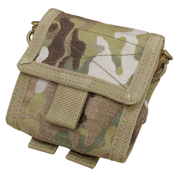 The Condor Roll-Up Utility Pouch in MultiCam features a compact design with flap and buckle closure, reinforced stitching, and attachment loops for tactical use.