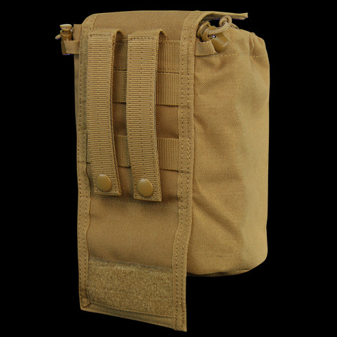 The Condor Roll-Up Utility Pouch in MultiCam features two vertical MOLLE straps with snap buttons on the back, allowing secure attachment to gear or backpacks.