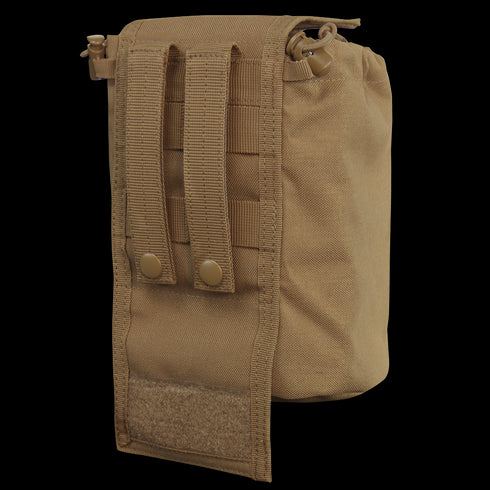The Condor Roll-Up Utility Pouch in tan offers a space-saving design with MOLLE-compatible straps, snap buttons for secure attachment, and a bottom flap with Velcro closure.