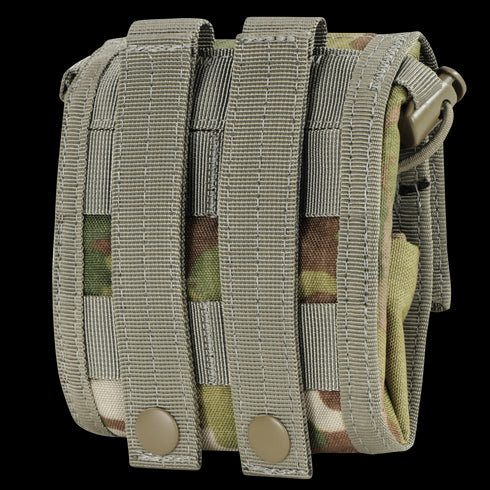 The Condor Roll-Up Utility Pouch in Scorpion OCP features a camouflage pattern, two vertical MOLLE straps, and snap button closures on the back.