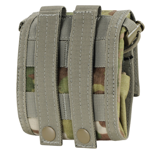 The Condor Roll-Up Utility Pouch in Scorpion OCP features a camouflage pattern, two vertical MOLLE straps, and snap button closures on the back.