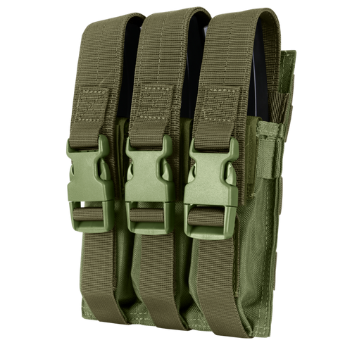 The Condor Triple MP5 Mag Pouch in Olive Drab features three compartments with buckle closures, crafted from durable fabric.