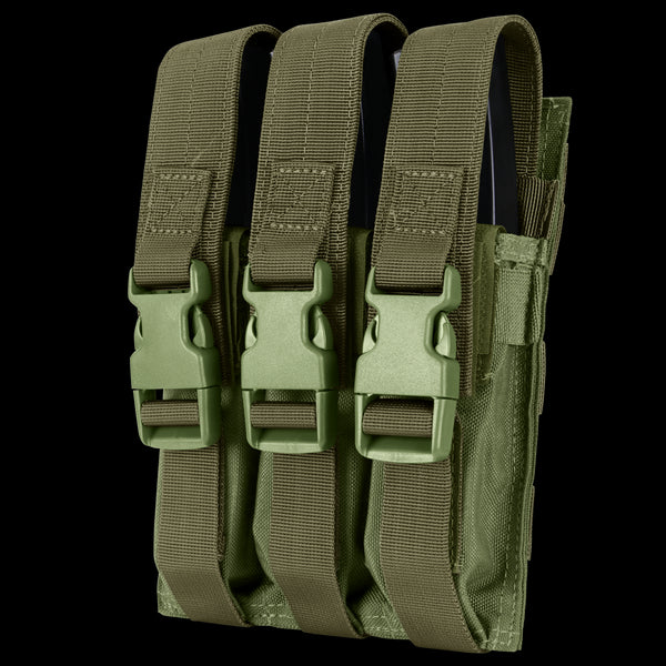 The Condor Triple MP5 Mag Pouch in Olive Drab features three compartments with buckle closures, crafted from durable fabric.