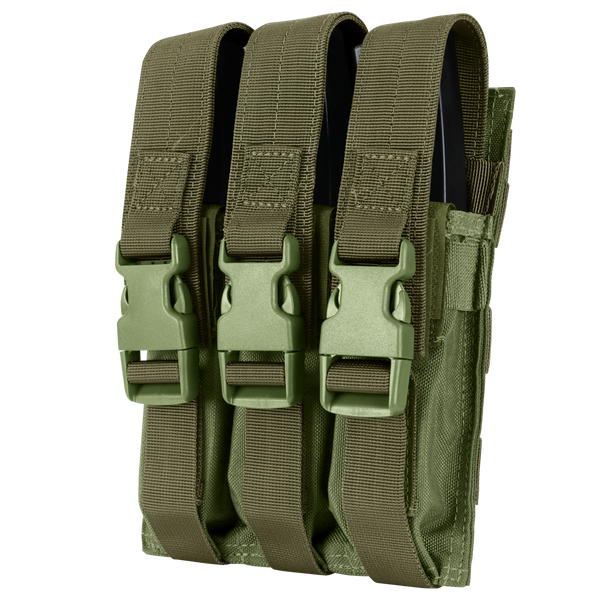 The Condor Triple MP5 Mag Pouch in Olive Drab features three compartments with buckle closures, crafted from durable fabric.
