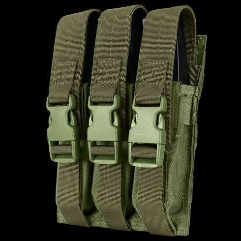The Condor Triple MP5 Mag Pouch is an olive green tactical pouch with three compartments, each secured by a strap and plastic buckle, made from durable fabric.