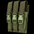 The Condor Triple MP5 Mag Pouch is an olive green tactical pouch with three compartments, each secured by a strap and plastic buckle, made from durable fabric.