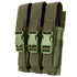 The Condor Triple MP5 Mag Pouch is an olive green tactical pouch with three compartments, each secured by a strap and plastic buckle, made from durable fabric.