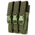 The Condor Triple MP5 Mag Pouch is an olive green tactical pouch with three compartments, each secured by a strap and plastic buckle, made from durable fabric.