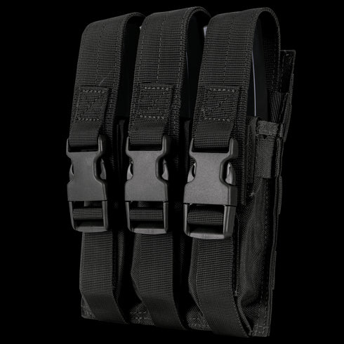 The Condor Triple MP5 Mag Pouch is a black nylon pouch with buckle closures and vertical straps, designed to securely carry three MP5 magazines—perfect for EDC, military, or law enforcement use.