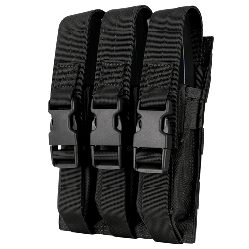 The Condor Triple MP5 Mag Pouch is a black holder with three compartments, each secured by adjustable straps and plastic buckle closures.
