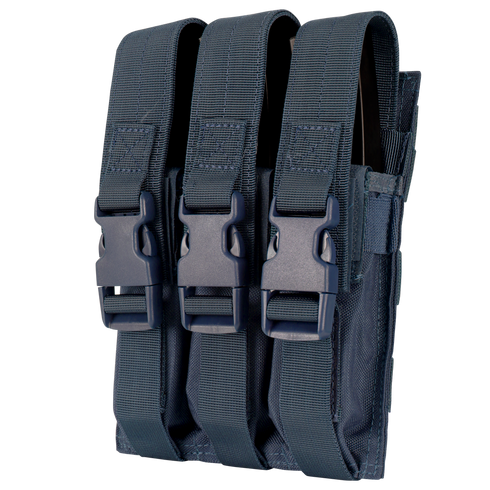 The Condor Triple MP5 Mag Pouch (Navy) is a durable pouch with three compartments and adjustable straps with plastic buckles. Now on sale!.
