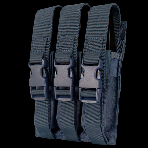 The Condor Triple MP5 Mag Pouch (Navy) is a durable pouch with three compartments and adjustable straps with plastic buckles. Now on sale!.
