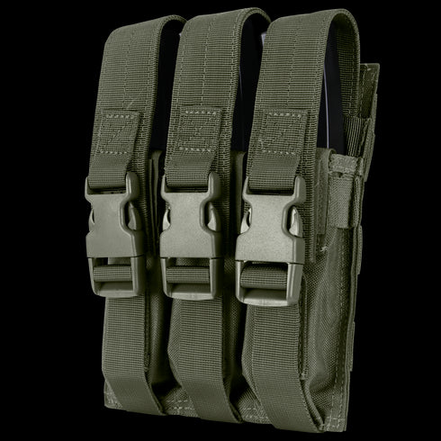 The Condor Triple MP5 Mag Pouch features olive drab green fabric and three compartments with plastic buckle closures—perfect for EDC or law enforcement use.