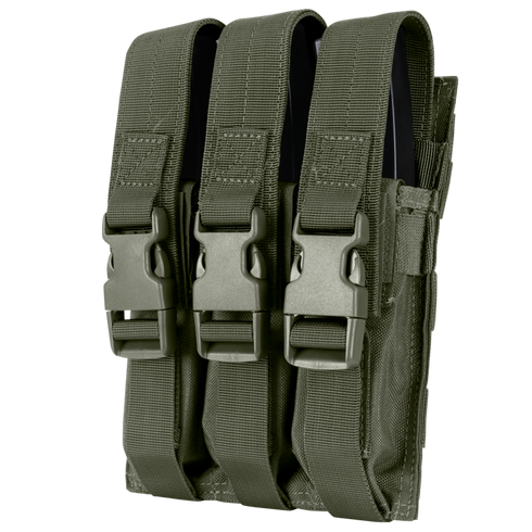 The Condor Triple MP5 Mag Pouch features olive drab green fabric and three compartments with plastic buckle closures—perfect for EDC or law enforcement use.