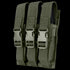 The Condor Triple MP5 Mag Pouch features olive drab green fabric and three compartments with plastic buckle closures—perfect for EDC or law enforcement use.
