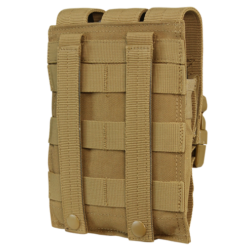 The Condor Triple MP5 Mag Pouch in Scorpion OCP features MOLLE webbing and snap-button straps on the back for secure, modular attachment—perfect for tactical use by first responders or law enforcement professionals.