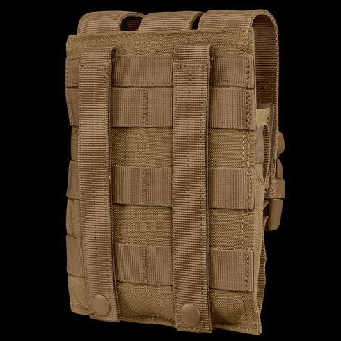 The Condor Triple MP5 Mag Pouch is a tan tactical pouch with MOLLE webbing and snap-button straps, designed for attachment to gear or backpacks—perfect for law enforcement or range use.