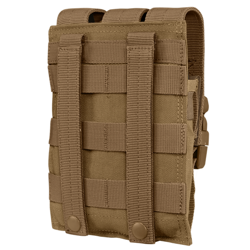 Condor Triple MP5 Mag Pouch in tan, featuring two vertical straps and snap buttons on the back for secure MOLLE attachment to compatible gear or backpacks.