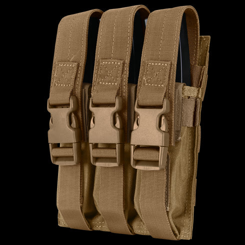 The Condor Triple MP5 Mag Pouch is a tan fabric pouch with three compartments and buckle closures, perfect for securely carrying and accessing MP5 magazines at the range or in law enforcement settings.