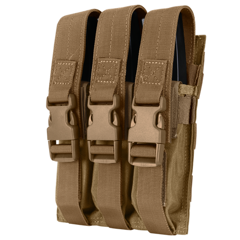 The Condor Triple MP5 Mag Pouch is a tan fabric pouch with three compartments and buckle closures, perfect for securely carrying and accessing MP5 magazines at the range or in law enforcement settings.