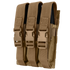 The Condor Triple MP5 Mag Pouch is a tan, durable fabric pouch with three compartments, each secured by a plastic buckle.