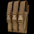 The Condor Triple MP5 Mag Pouch is a tan fabric pouch with three compartments and buckle closures, perfect for securely carrying and accessing MP5 magazines at the range or in law enforcement settings.
