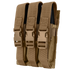 The Condor Triple MP5 Mag Pouch is a tan fabric pouch with three compartments and buckle closures, perfect for securely carrying and accessing MP5 magazines at the range or in law enforcement settings.