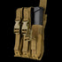 The Condor Triple MP5 Mag Pouch in Scorpion OCP features three compartments with two plastic buckle closures, ideal for military or law enforcement, and fits one black magazine in the rightmost pocket.