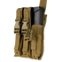 The Condor Triple MP5 Mag Pouch in Scorpion OCP features three compartments with two plastic buckle closures, ideal for military or law enforcement, and fits one black magazine in the rightmost pocket.