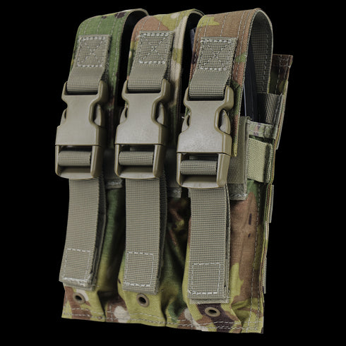 The Condor Triple MP5 Mag Pouch in Scorpion OCP features three compartments, each secured by a strap and plastic buckle, all in durable camouflage fabric.