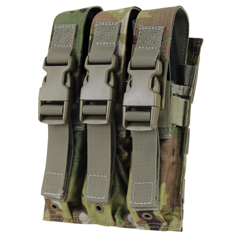The Condor Triple MP5 Mag Pouch in Scorpion OCP features three compartments, each secured by a strap and plastic buckle, all in durable camouflage fabric.